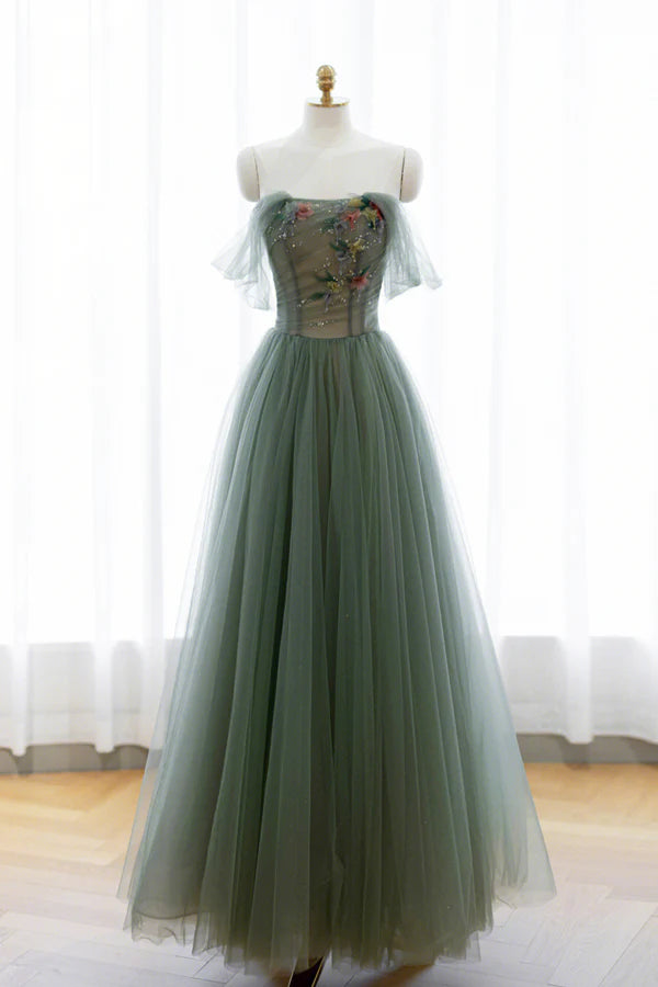 Wholesale Gray Green Tulle Beaded Long Prom Dress Beautiful A-Line Evening Dress